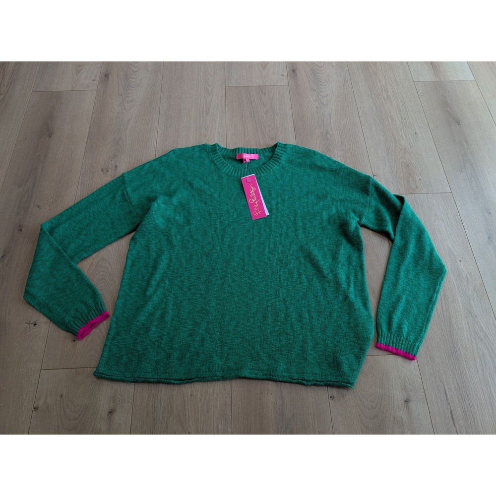 Lilly Pulitzer Green Crew Neck Sweater with Pink Accents